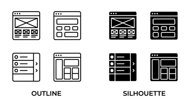 UI Element Icons: A set of vector icons illustrating user interface elements, showcasing both outline and silhouette styles for web design and app development.