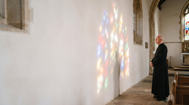 Priest in cassock standing thoughtfully in church with stained glass light reflections