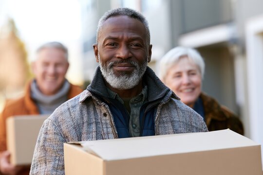 Community neighbors helping elderly resident