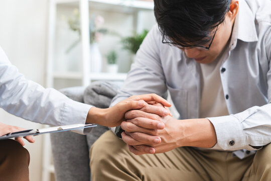 mental health care therapy concept, psychologist counseling to anxiety patient and giving guidance mental therapy care to cure mental health.