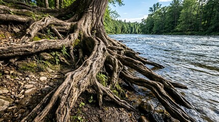 Fototapeta premium Ancient Tree Roots Exposed on Riverbank with Flowing Water and Forest Background.