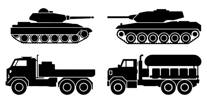 Armored military tanks and transport truck silhouette collection
Army combat vehicles and tactical truck silhouettes
Military armored vehicle collection for defense and patriotic designs