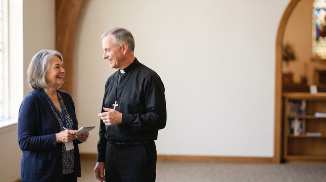 Clergy speaking with woman holding notepad inside church