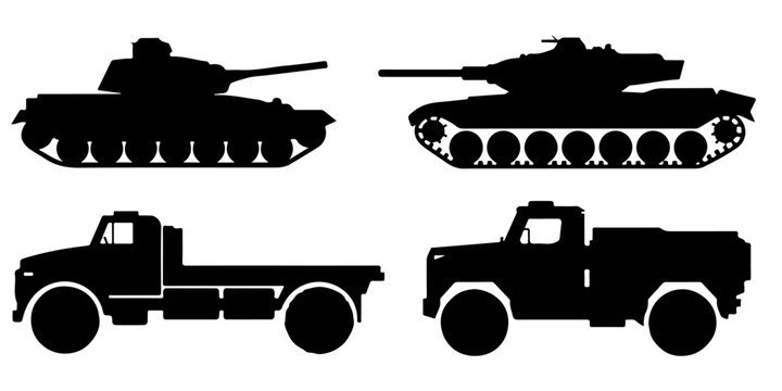 Armored military tanks and transport truck silhouette collection
Army combat vehicles and tactical truck silhouettes
Military armored vehicle collection for defense and patriotic designs
