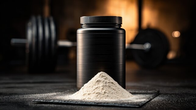 A black plastic container with protein powder and a barbell in the background of a gym. Ideal for fitness and sports nutrition advertisements.