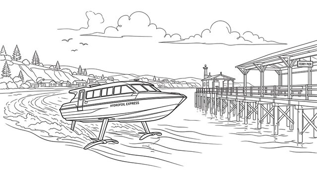 white background boat dock sketch illustration.