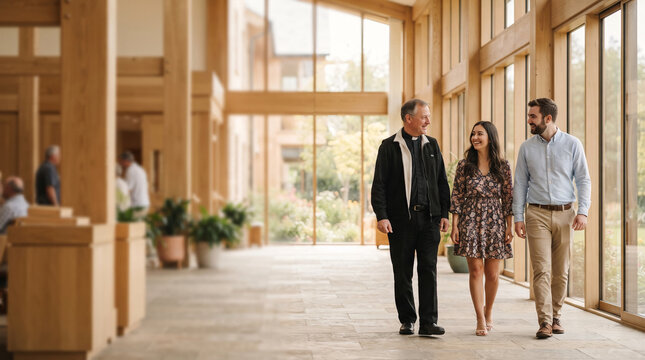 Clergy and couple walk together in a bright modern atrium with wooden beams