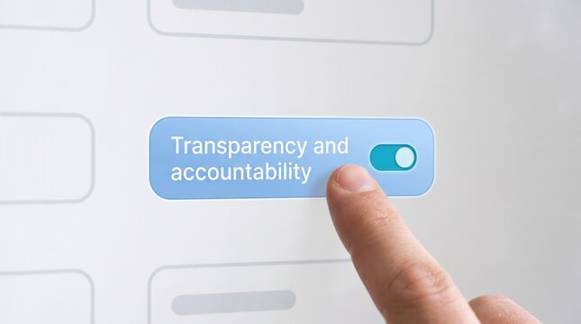 Transparency and accountability concept. Finger activating digital toggle switch on screen interface. Business governance, ethics, and corporate compliance technology
