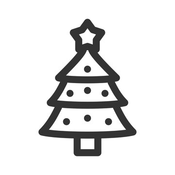 Christmas tree line icon with star and ornaments. Outline vector illustration.