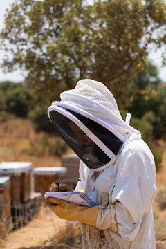 Beekeeper woman writing notes at beehive apiary