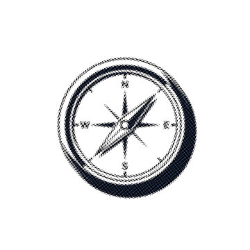 Modern Minimalist Pocket Compass with Sleek Geometric Needle Halftone Art on White Background. Retro Pop Art Pocket Compass Illustration on White Background.