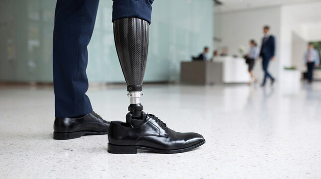 Professional with prosthetic leg walking in modern office environment
