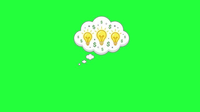 Animated thought bubble with glowing light bulbs and dollar signs idea