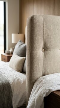 Comfortable bedroom interior with a large upholstered headboard and soft bedding.