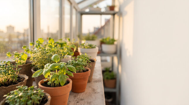 Greenhouse herbs growing in pots bathed in warm golden sunlight at dawn
