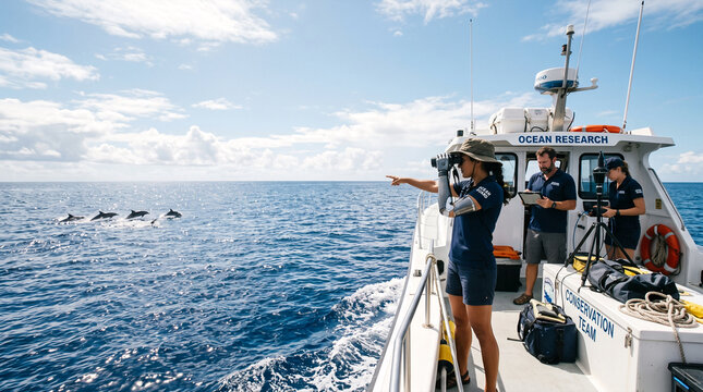 Marine researchers observe dolphins from research vessel in ocean