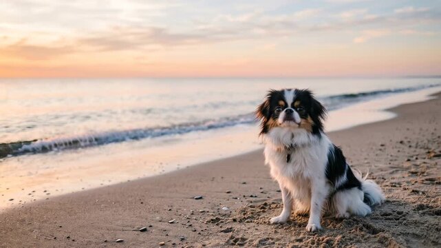 japanese chin dog close up at the beach at morning light in kamakura japan video