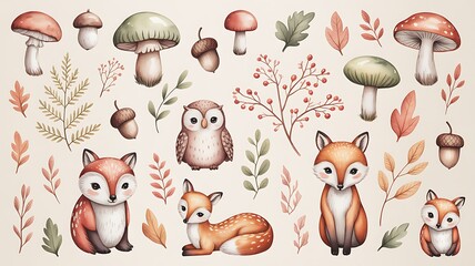 Naklejka premium Woodland Watercolor Collection with Forest Elements and Nursery Decor