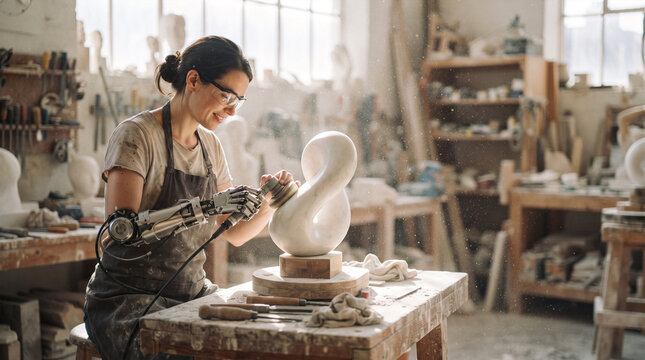 Sculptor with robotic arm meticulously carves marble artwork in dusty workshop