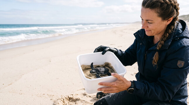 Woman in jacket with prosthetic arm releases baby sea turtle
