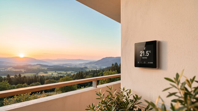 Smart thermostat mounted on textured wall overlooking scenic mountain landscape at sunset