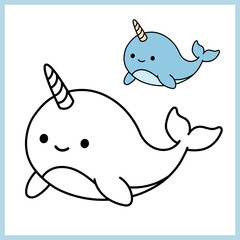 Cute Narwhal Coloring Page for Kids. Fun Ocean Animal Coloring Page Cute Narwhal Fun. © hanazumi