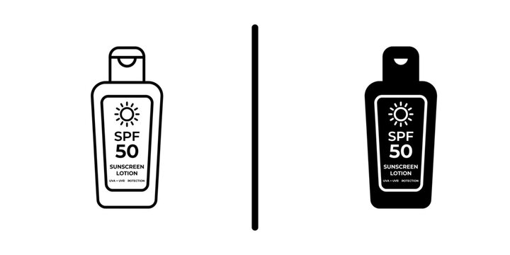 Title: SPF 50 sunscreen lotion bottle sun protection vector icon