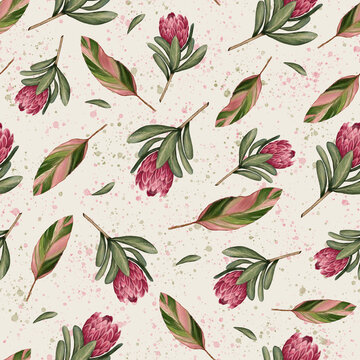 Botanical seamless pattern with pink protea and green leaves 