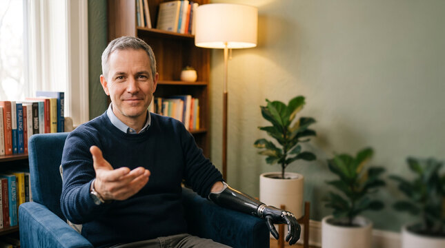 Man with prosthetic arm in armchair with books and plants