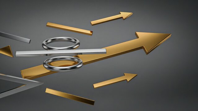 A percentage symbol made of silver rings and a horizontal bar, floating above a large golden arrow pointing upwards on a dark gray background