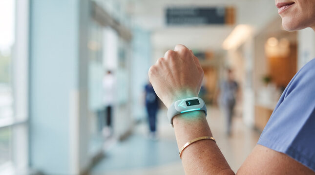 Nurse checks vital signs on smart wristband in hospital corridor