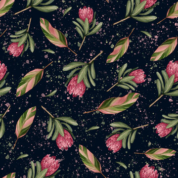 Botanical seamless pattern with pink protea and green leaves 