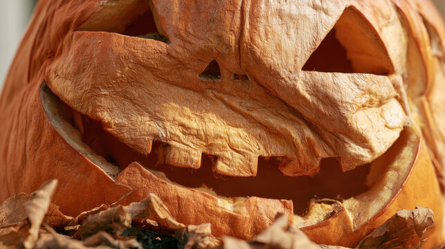 Aging carved pumpkin with smiling face, dry wrinkles, and softening organic skin resting among brown garden leaves in warm natural daylight