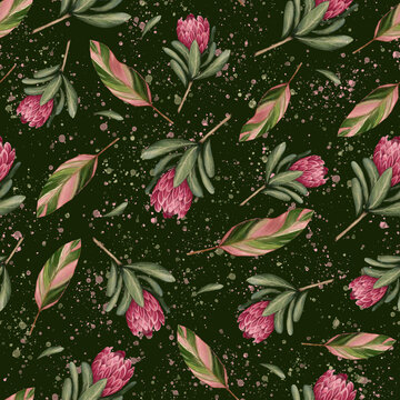 Botanical seamless pattern with pink protea and green leaves 