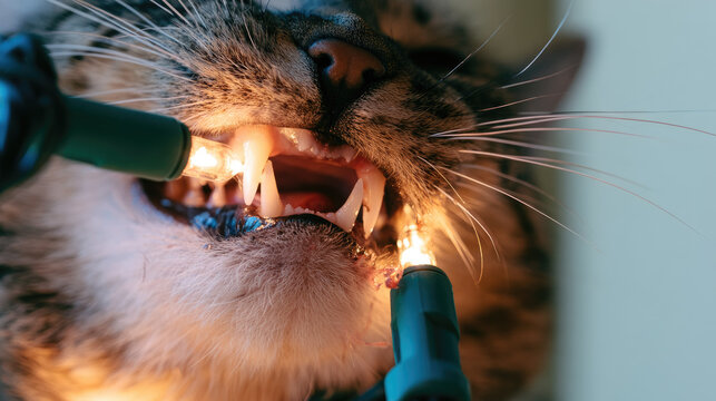 Cat biting glowing holiday light wire in close up with sharp teeth and detailed whiskers, creating playful seasonal safety concept