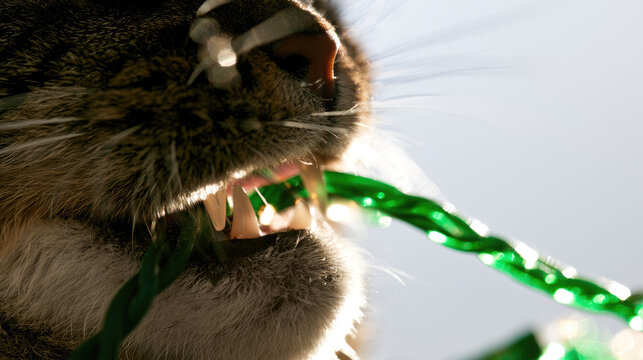 Cat chewing green holiday light wire in close up with sharp teeth, fine whisker, realistic fur texture, bright daylight and shallow focus