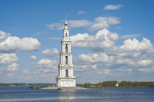 White bell tower of St. Nicholas Cathedral on the Volga River in Kalyazin, Tver region of Russia