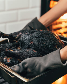 Burnt Thanksgiving turkey roaster close up shows cook pulling deeply scorched bird from oven, creating dramatic kitchen disaster imagery with warm glow and blank space