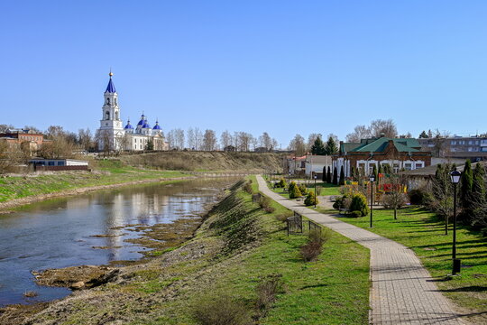 Early spring on the Pushkinskaya Embankment of the Kashinka River in Kashin town, Tver region of Russia