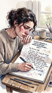 Woman cries while writing a compassionate letter to herself in a journal. Depicts emotional healing and self discovery. Ideal for mental health and wellness content.