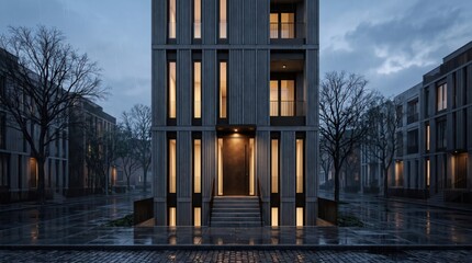Fototapeta premium Tall modern townhouse on rainy urban residential street