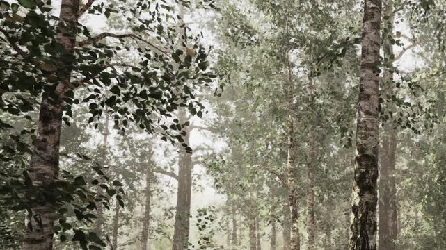 Tall trees stand in a dense forest filled with greenery. A light mist hangs in the air, creating a soft atmosphere around the trunks and leaves. Sunlight breaks through the branches.