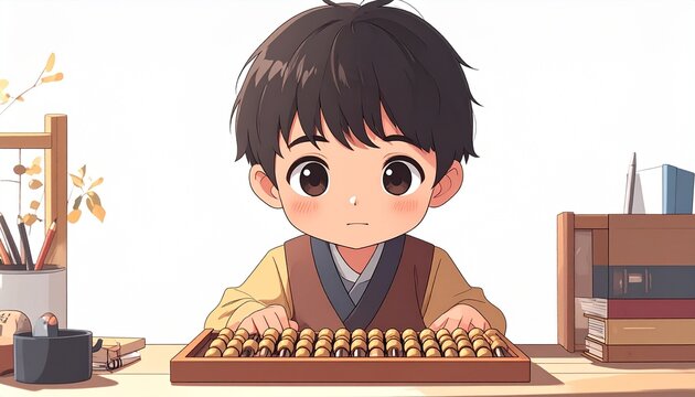 Anime Style Illustration of Young Child Learning to Use Japanese Abacus