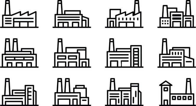 Factory and heavy industrial building line icon set of plant chimney manufacturing warehouse power station vector elements for business branding website