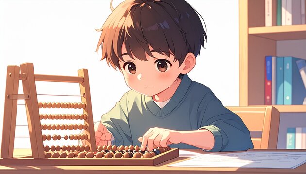 Anime Style Illustration of Young Child Learning to Use Japanese Abacus