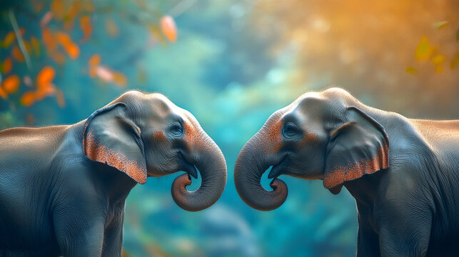 Two elephants touch trunks in a.