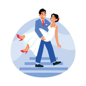 Groom carrying bride down the stairs vector illustration Eps file