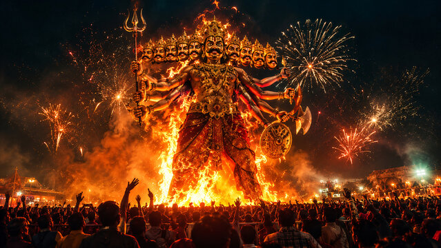 Ravana Effigy Burning During Dussehra Festival with Fireworks and Crowded Night Celebration