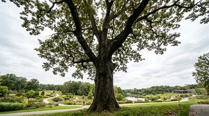 Obraz premium Majestic ancient oak tree with sprawling branches in a lush green park landscape.