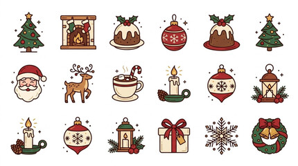 Fototapeta premium Colorful Christmas Icons and Holiday Symbols Collection.